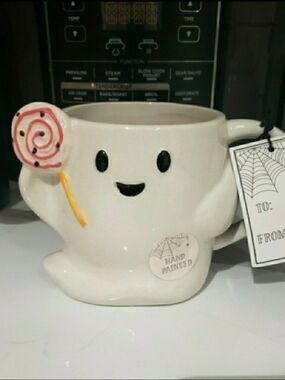 Hand-Painted White Ghost Mug with Lollipop Accent - Home Dining